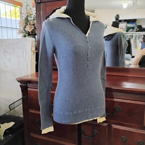 Blue Knitted Long Sleeve, Button Down V-Neck and Hoodie Cardigan - Picture 5 of 6